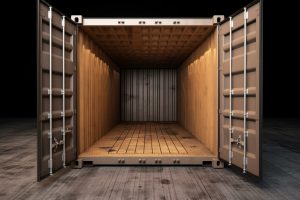 Empty shipping container with open doors, loaded with cardboard boxes on pallet. 3D render. Generative AI